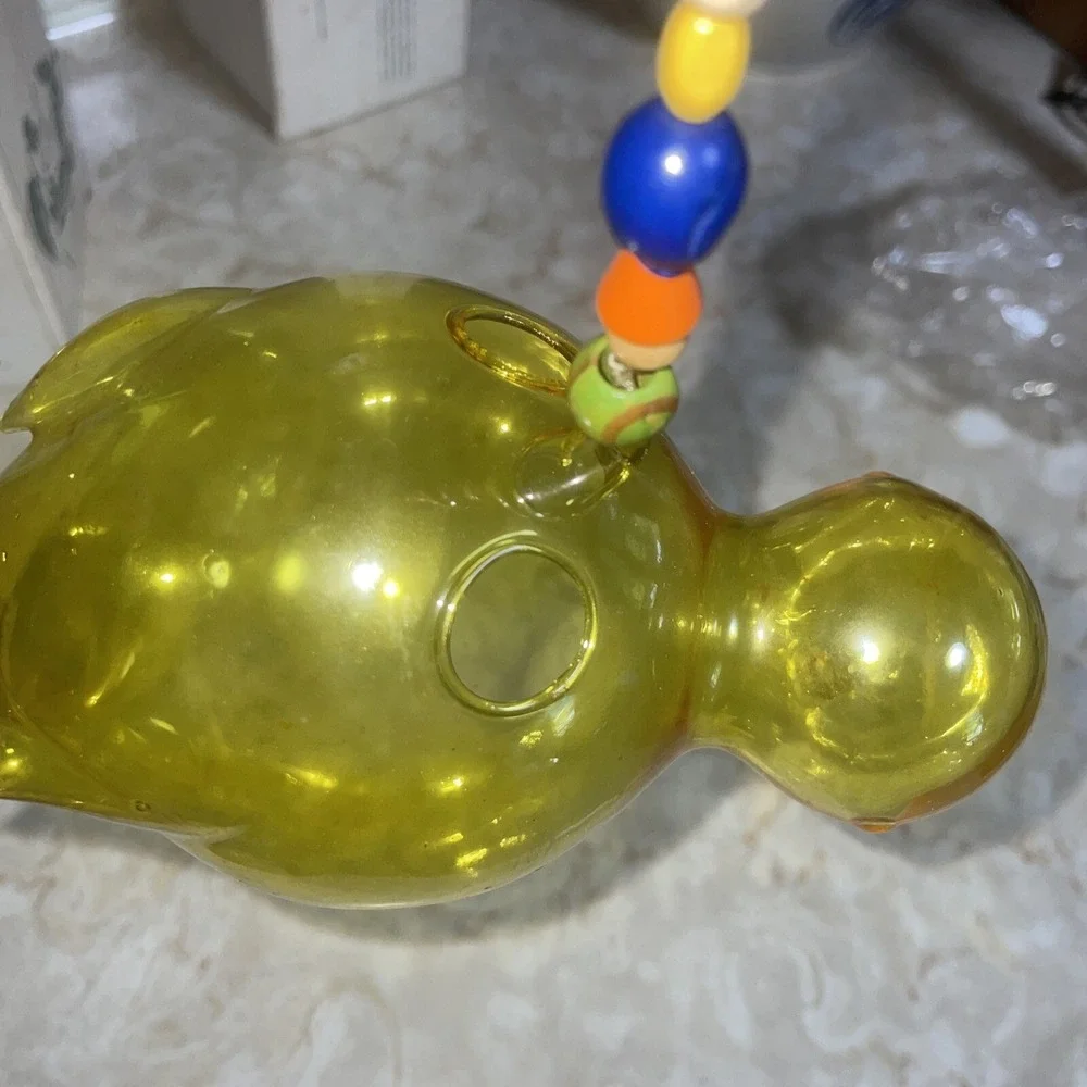 Vintage Hand Blown Glass Hanging Plant Propagation Yellow Bird‎ Wooden Beads